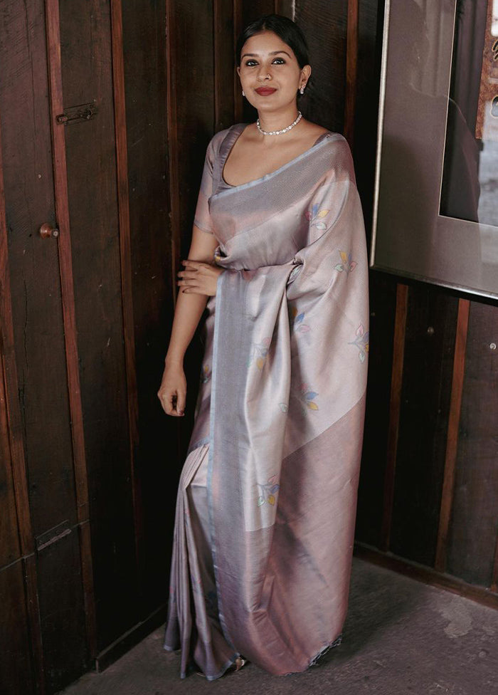 Grey Banarasi Silk Saree With Blouse Piece