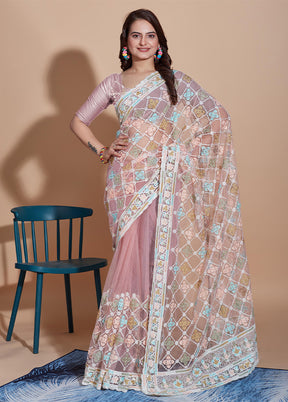 Peach Net Net Saree With Blouse Piece