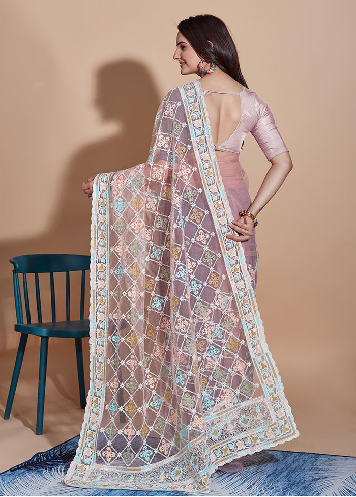 Peach Net Saree With Blouse Piece