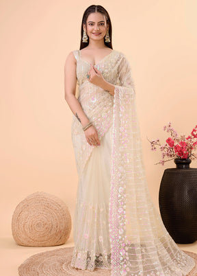 Beige Net Net Saree With Blouse Piece