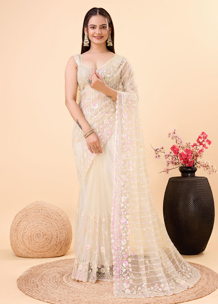 Beige Net Net Saree With Blouse Piece