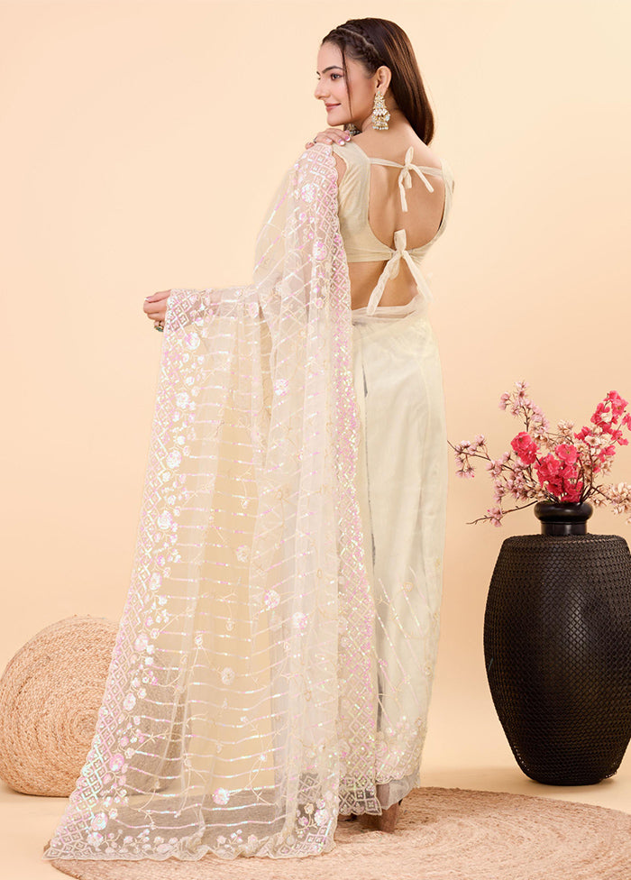 Beige Net Net Saree With Blouse Piece