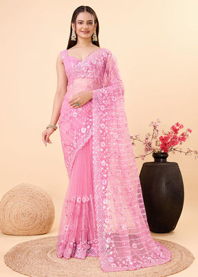 Pink Net Saree With Blouse Piece