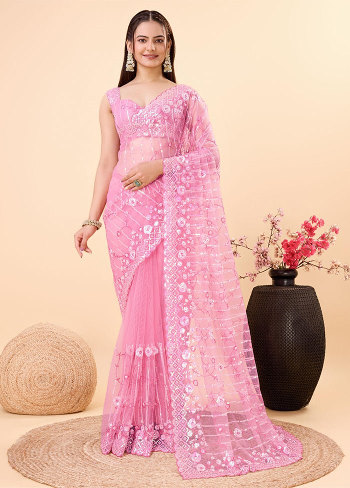 Pink Net Saree With Blouse Piece