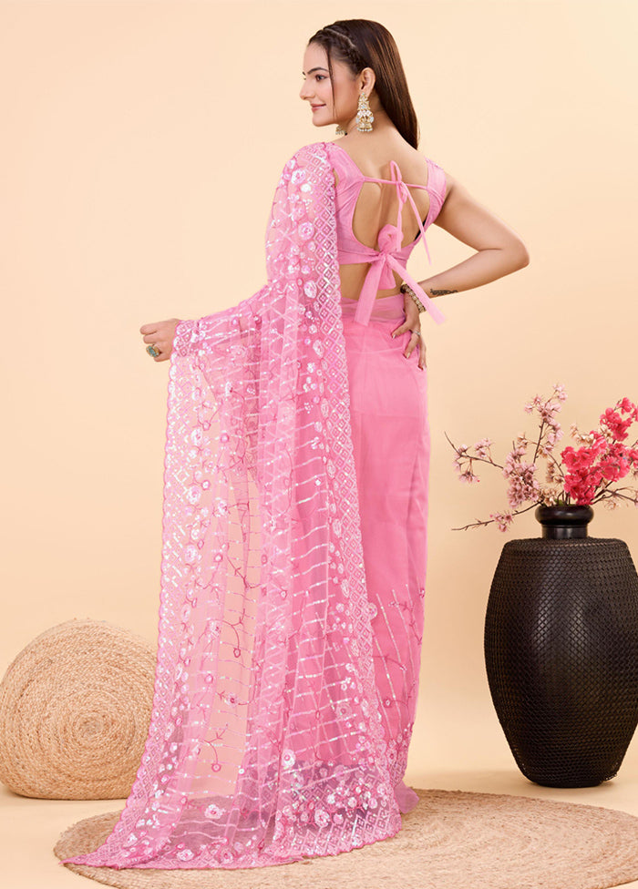 Pink Net Net Saree With Blouse Piece