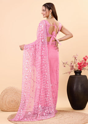 Pink Net Saree With Blouse Piece