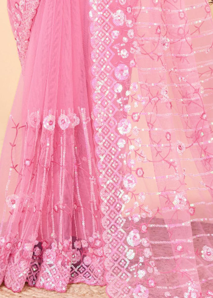 Pink Net Net Saree With Blouse Piece