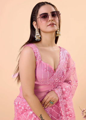 Pink Net Net Saree With Blouse Piece