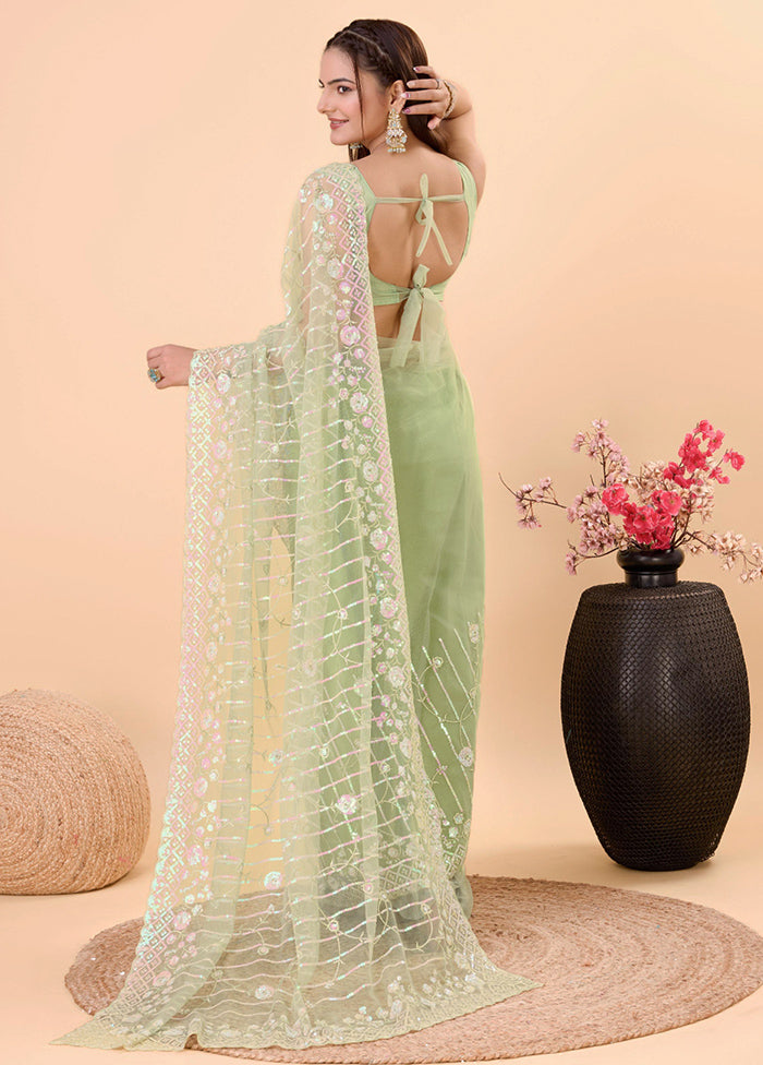 Pista Green Net Net Saree With Blouse Piece