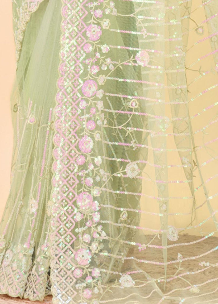 Pista Green Net Saree With Blouse Piece