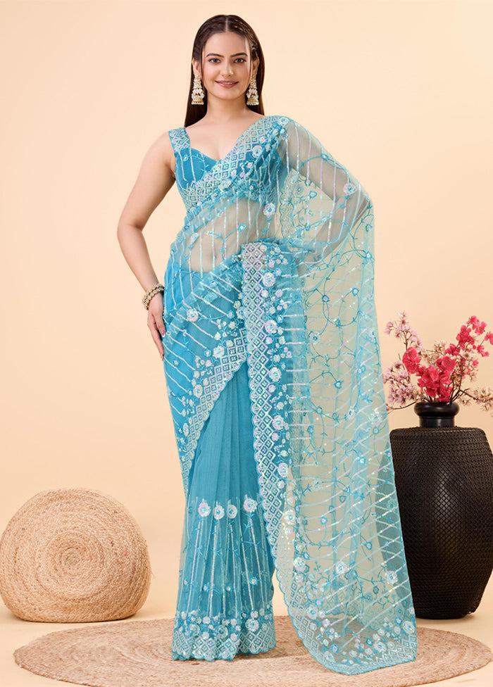 Sky Blue Net Net Saree With Blouse Piece