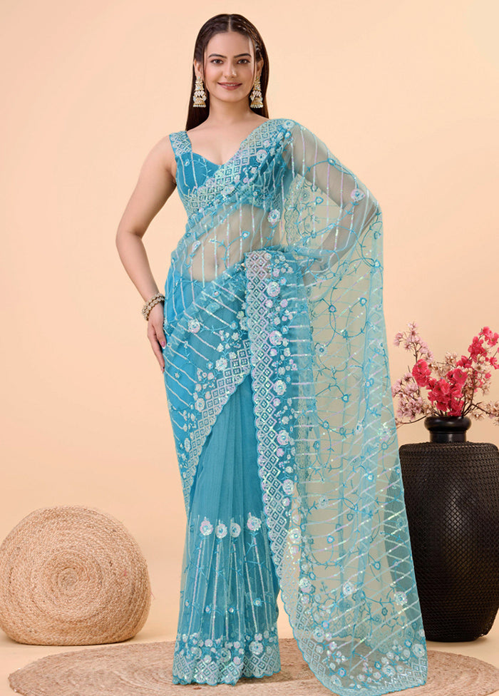 Sky Blue Net Net Saree With Blouse Piece