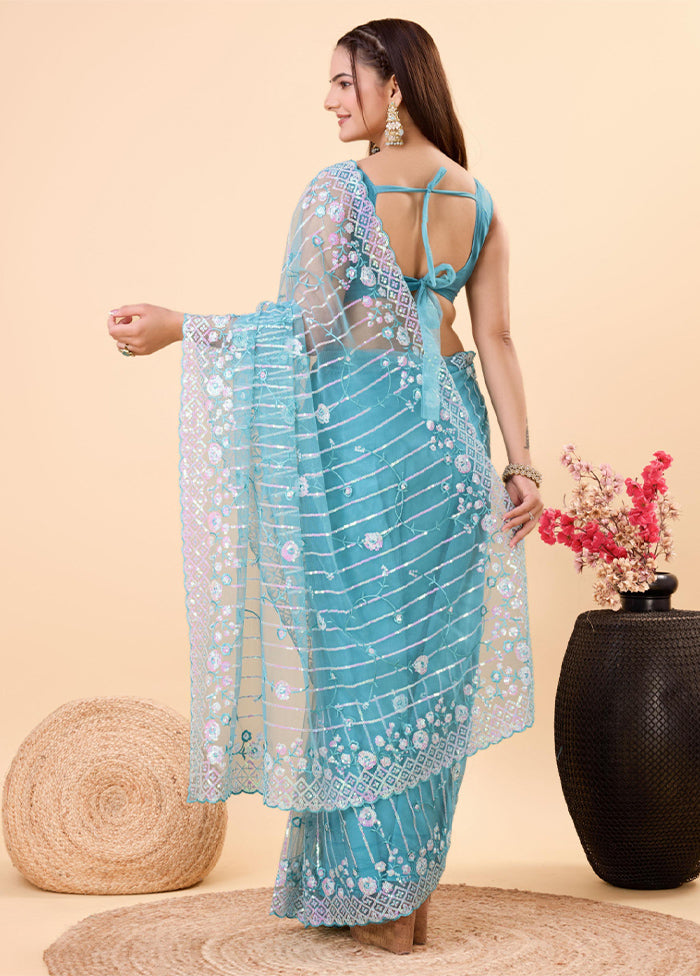 Sky Blue Net Net Saree With Blouse Piece