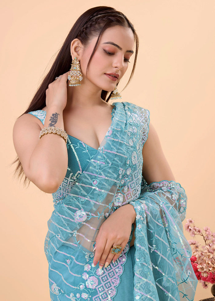 Sky Blue Net Net Saree With Blouse Piece