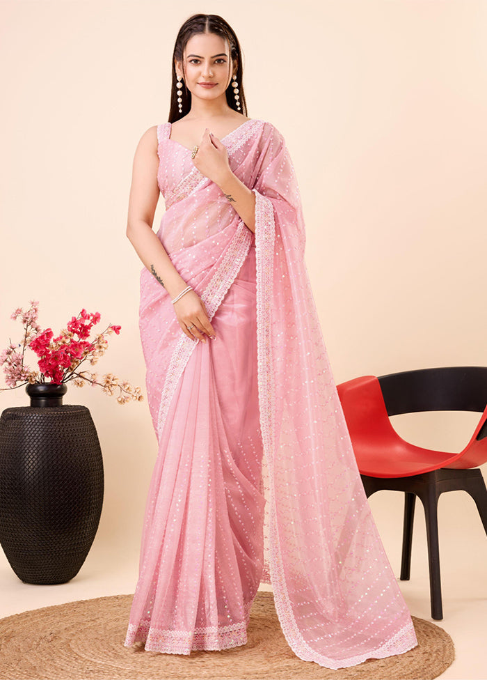 Baby Pink Net Saree With Blouse Piece