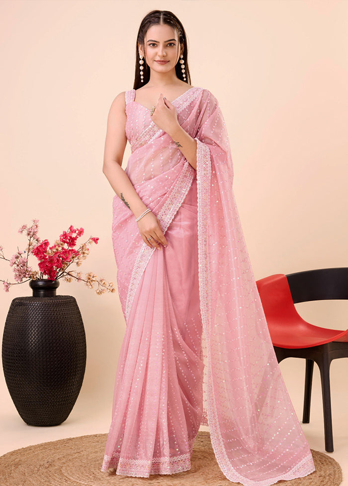 Baby Pink Net Net Saree With Blouse Piece