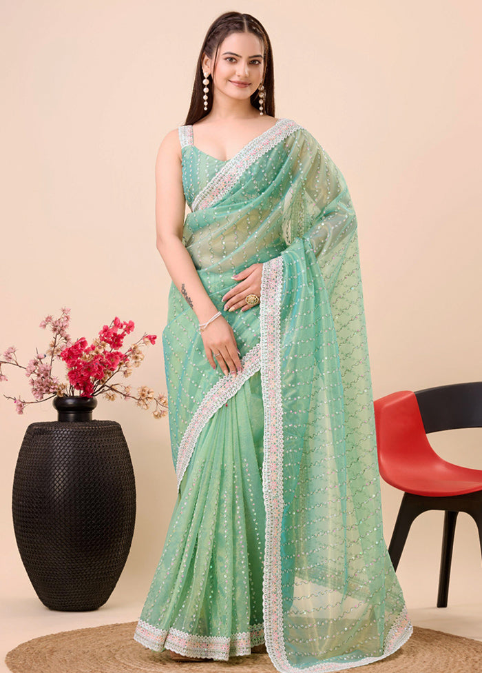 Mint Green Net Net Saree With Blouse Piece