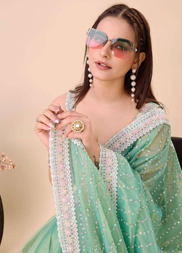 Mint Green Net Net Saree With Blouse Piece