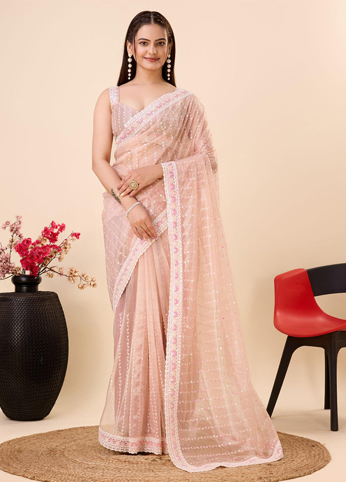 Peach Net Saree With Blouse Piece