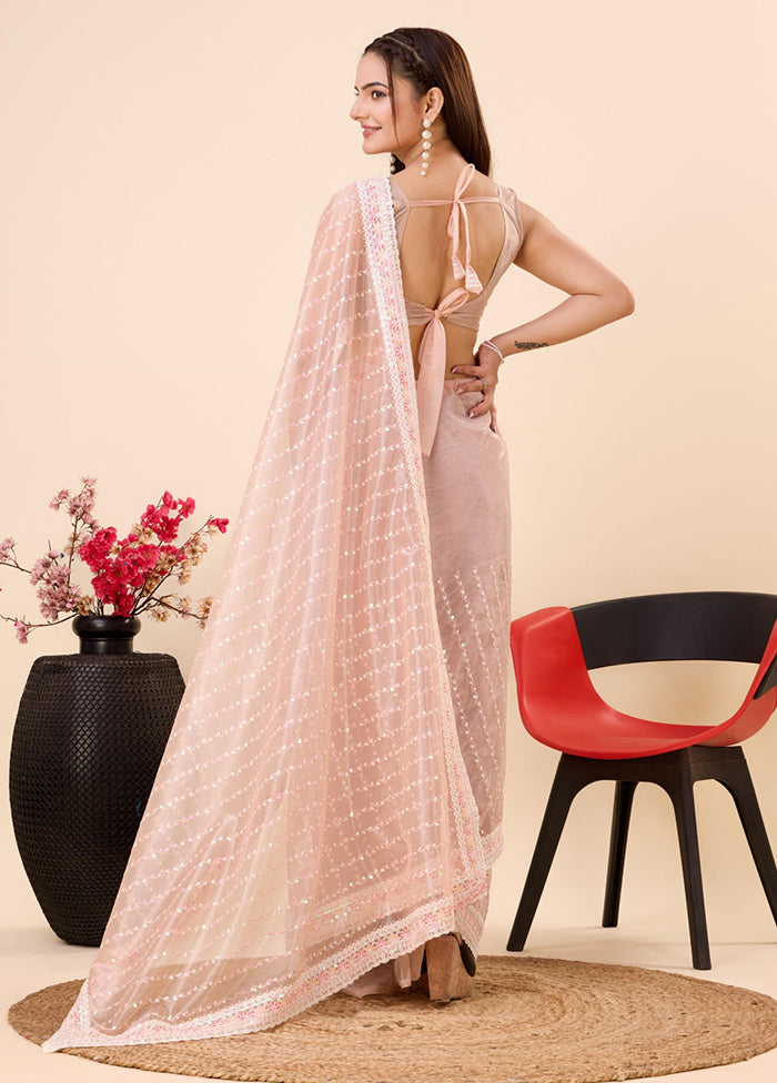 Peach Net Net Saree With Blouse Piece