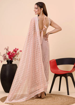 Peach Net Net Saree With Blouse Piece