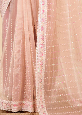 Peach Net Net Saree With Blouse Piece