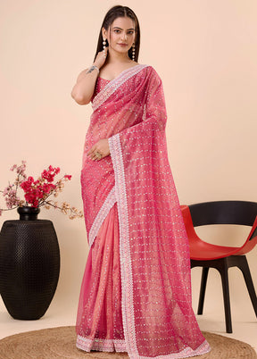 Pink Net Net Saree With Blouse Piece