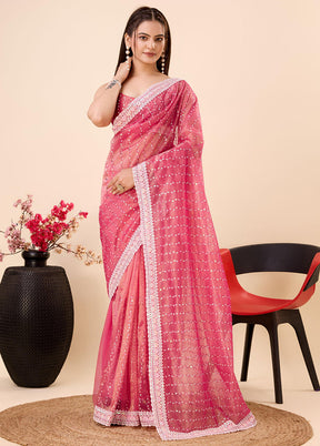 Pink Net Saree With Blouse Piece