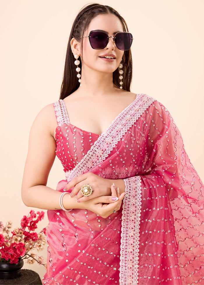 Pink Net Net Saree With Blouse Piece