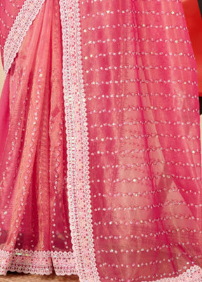 Pink Net Saree With Blouse Piece