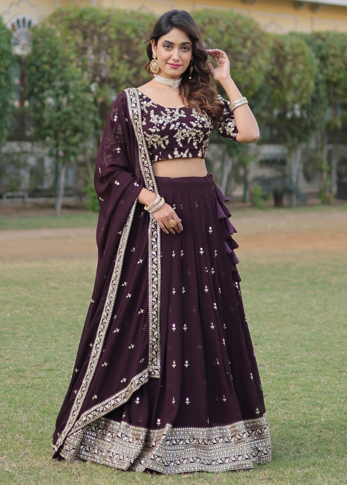 3 Pc Coffee Georgette Semi Stitched Lehenga Set