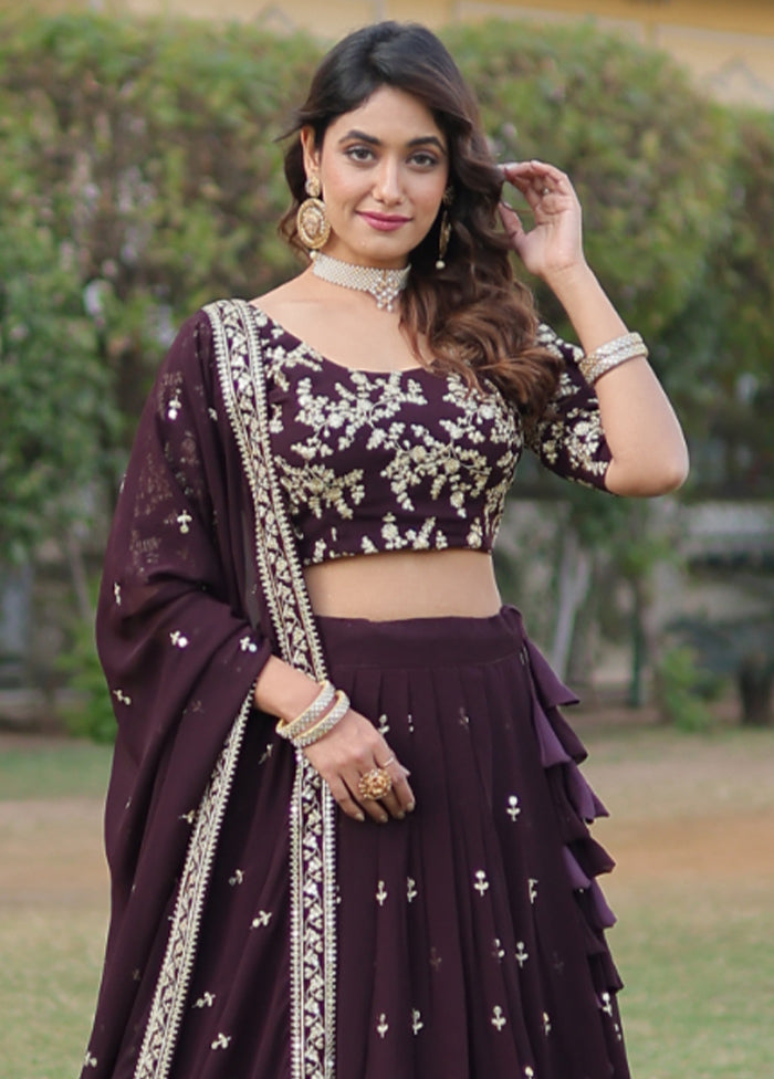 3 Pc Coffee Georgette Semi Stitched Lehenga Set