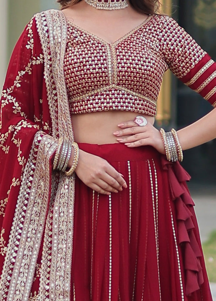 3 Pc Maroon Silk Semi Stitched Lehenga Set