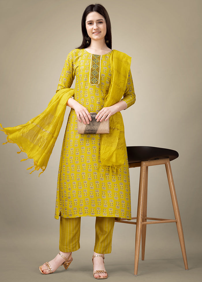 3 Pc Yellow Readymade Rayon Suit Set