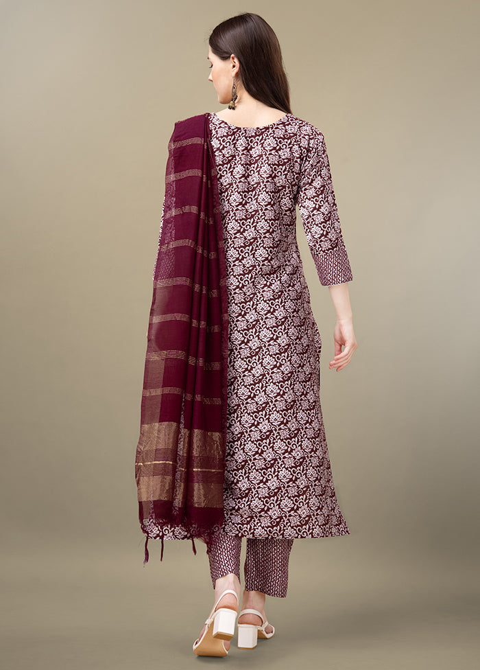 3 Pc Maroon Readymade Rayon Suit Set