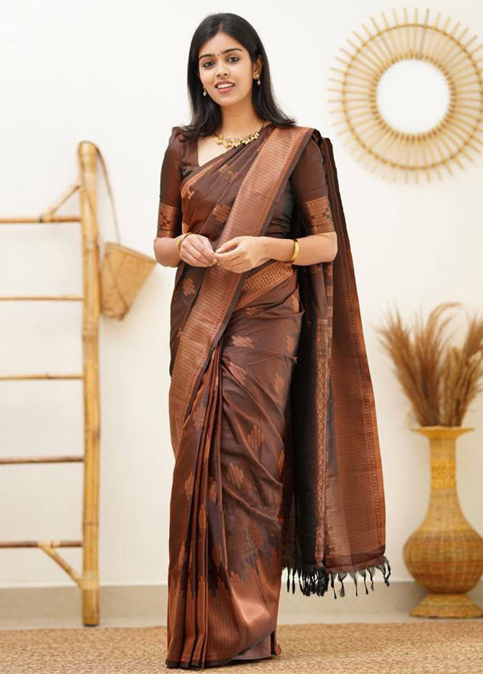 Coffee Banarasi Silk Saree With Blouse Piece