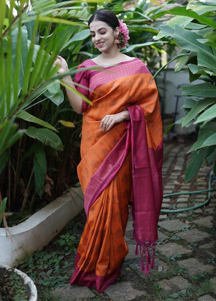 Orange Banarasi Silk Saree With Blouse Piece