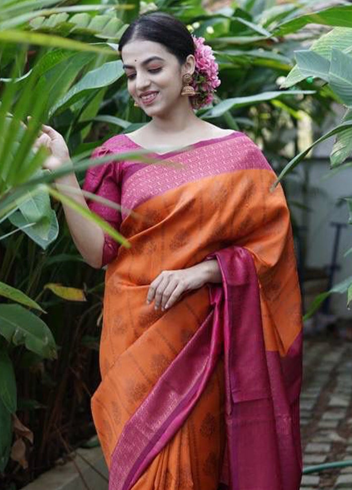 Orange Banarasi Silk Saree With Blouse Piece