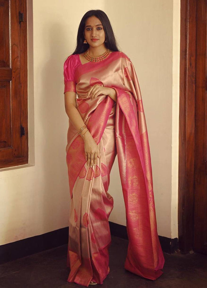 Peach Banarasi Silk Saree With Blouse Piece