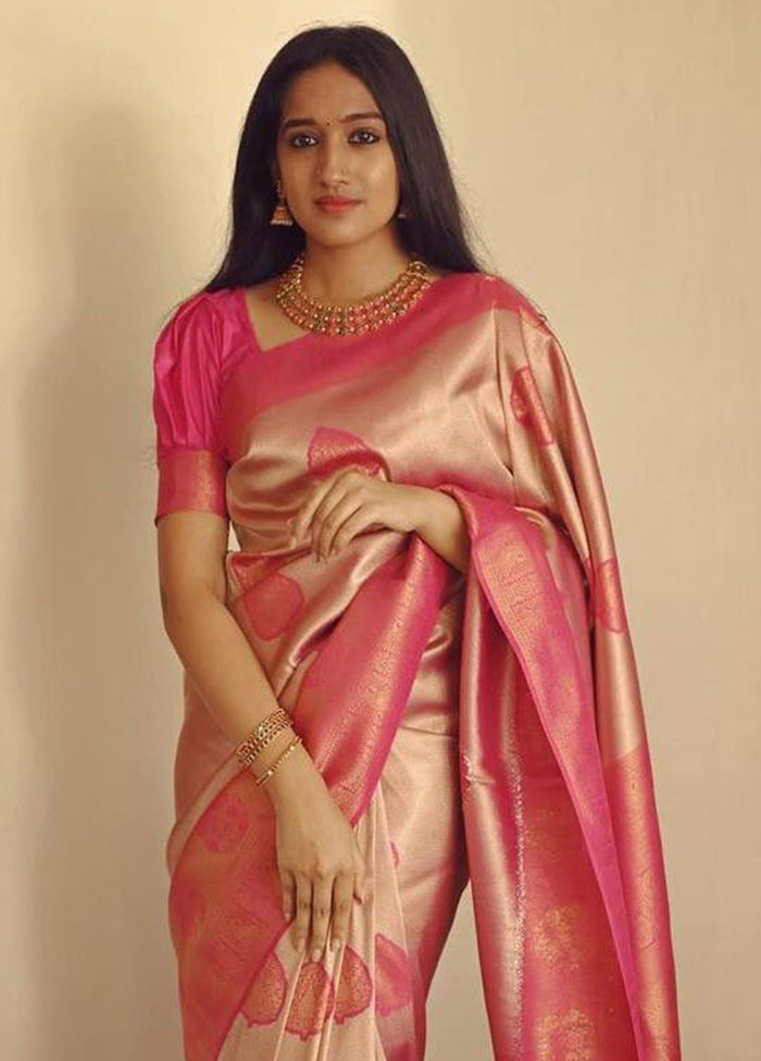 Peach Banarasi Silk Saree With Blouse Piece