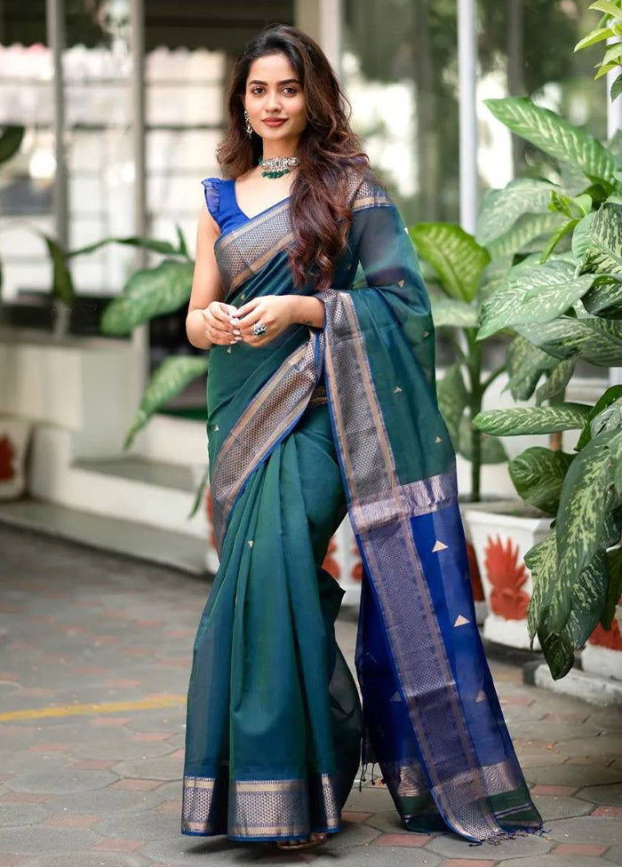 Teal Banarasi Silk Saree With Blouse Piece