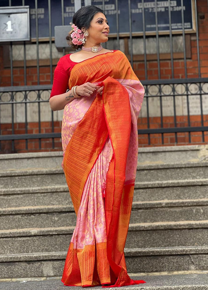 Pink Banarasi Silk Saree With Blouse Piece