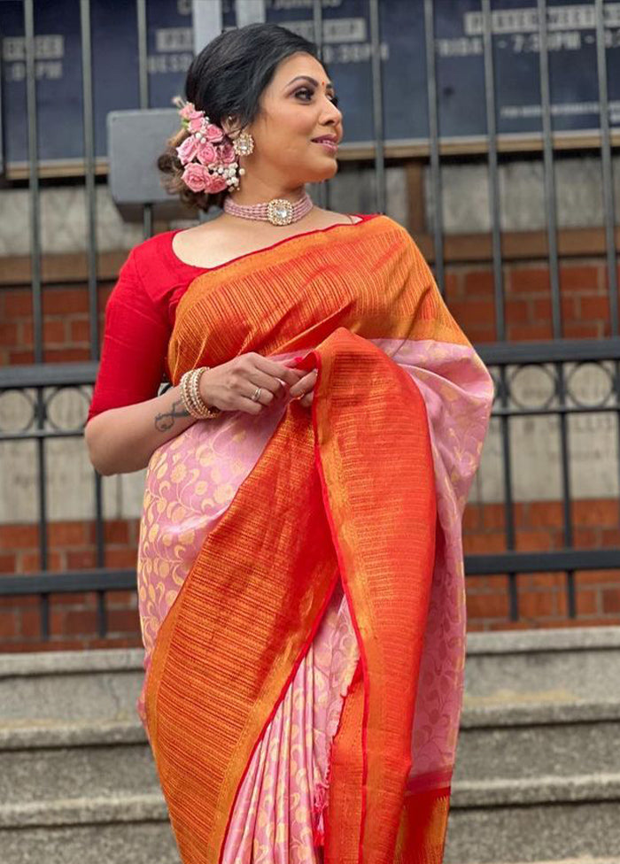 Pink Banarasi Silk Saree With Blouse Piece