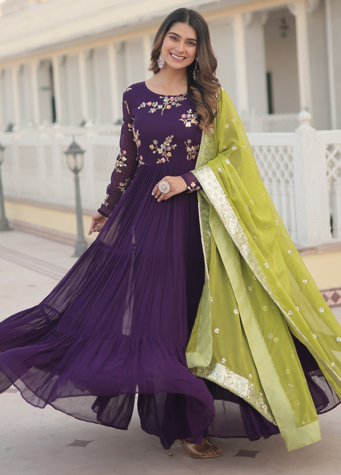 Purple Readymade Georgette Dupatta Indian Dress