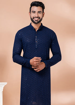 Navy Blue Silk Kurta And Pajama Set