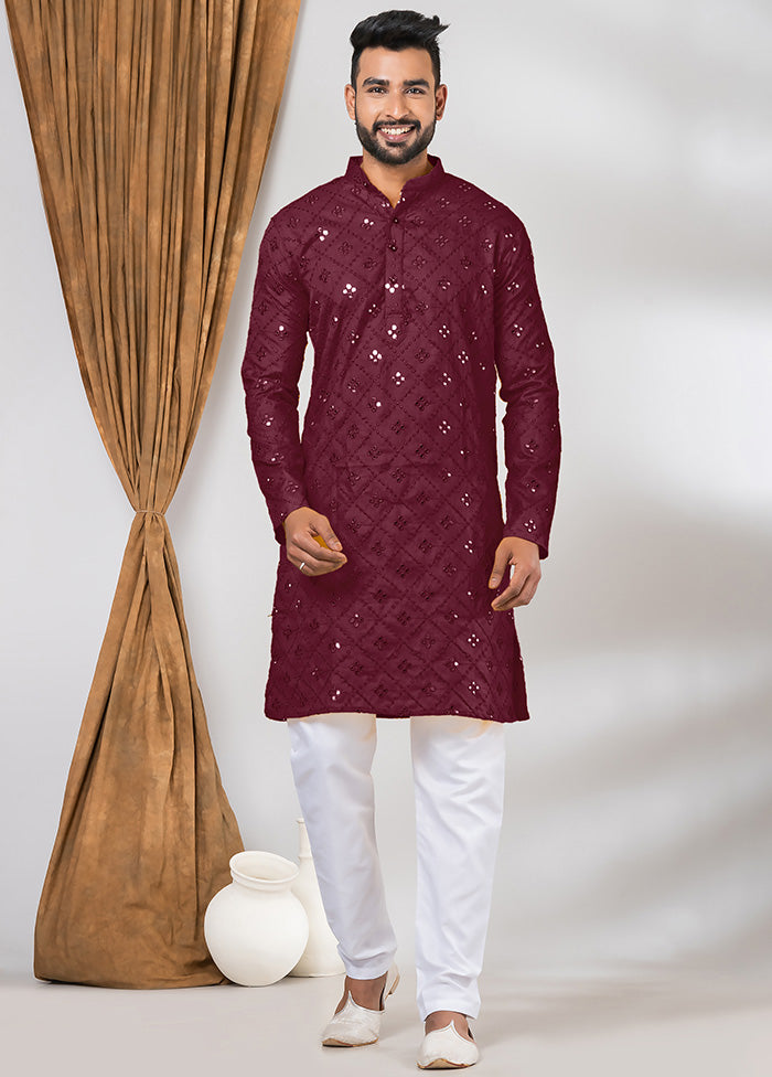 Maroon Cotton Kurta And Pajama Set