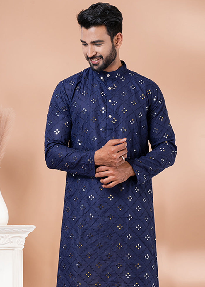 Navy Blue Cotton Kurta And Pajama Set