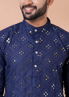 Navy Blue Cotton Kurta And Pajama Set