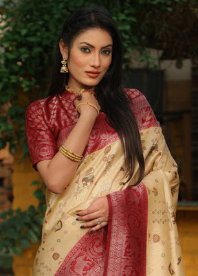 Cream Pure Dupion Silk Saree With Blouse Piece