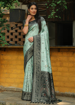 Aqua Pure Dupion Silk Saree With Blouse Piece